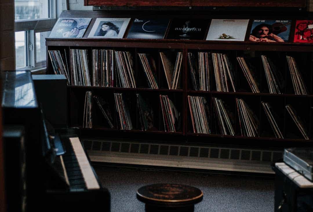 Records on a bookshelf
